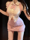 Style Hot Girls Summer Suit Striped Short-Sleeved Blouse Thin Pink Strap Short Skirt Two-Piece Set-Outfit