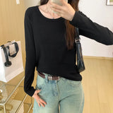 Color U-Collar Long-Sleeved T-Shirt Women's Early Autumn New Loose-Fitting Short Top Threaded Cotton Bottomed Shirt-Outfit