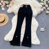 Retro Split Denim Trousers Female Casual Loose Wide Leg Pants Ladies Hight Waist Thin Streetwear Autumn Flare