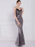 Vintage Strap Sleeveless Solid Sequined Mermaid Evening