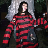 Gothic Punk Hole Stripe Tshirt Women Pastel Goth Fairy Grunge Harajuku Top Oversized Dark Aesthetic Emo alt