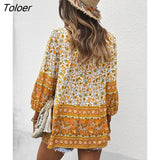 Boho Floral Print Holiday Women Shirt Tops Lace-up V-Neck Lantern Sleeve Loose Vestidos Vintage Casual Spring