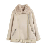 VAREY LIN Winter Women New Overcoat Faux Leather Fur Splicing Leather Coat Moto Bike Loose Jacket Snow Warm Outwear with