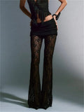 Sexy Women Summer Fashion Club Pants Black High Waist Mesh Sheer See Through Lace Floral Long Flared Pants Bottoms-Outfit