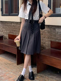 Vintage Y2k Pleated Skirt Women Preppy Style Autumn Korean Fashion High Waist Knee Length A-line Skirt 90s