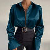 Satin Long Sleeve Blouses Women 2022 Vintage Blue Green Silk Shirt Women Casual Loose Button Up Female Shirts