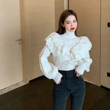2021 New Arrival Sweet Ruffles Turtleneck Sweaters Vintage Elegant Autumn Winter Crop Pullovers Streetwear