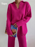 Women's Trousers Suit 2022 Winter Loose Solid Polo Neck Two Piece Set Casual Long Sleeve Knitwear+Wide Leg Pants