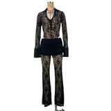 Toloer Sexy Lace Stitching Deep V Long Sleeve Top Slim See-Through High Waist Bell Bottoms Women's Suit-Outfit