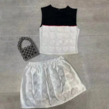 Slim Two Piece Set Women Round Neck Sleeveless Backless Tops High Waist Mini Skirt Patchwork Floral Sets Female