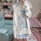 Hoodies Women Streetwear Fashion Y2k Tops Clothes for Teens Cat Hooded Skull Print Casual Off Shoulder Sweatshirts-Outfit