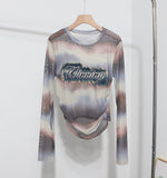 Real Shooting New Long-Sleeved Mesh Spliced Embroidered Denim Bottom T-Shirt Sun Folding Short Top