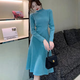 Elegant Knitted Sweater Pleated Dress Female Autumn Winter Dress Long Sleeve Office Lady Casual Slim Midi Dress 2022