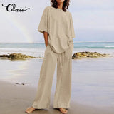 Celmia Fashion Women 2pcs Sets 2022 Summer Casual Loose Holiday Pocket Belted Set Half Sleeve O-neck Top and Wide Leg Pant