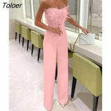 Women 2023 Elegant New Female Jumpsuit Feather Bra Sexy Birthday Club Wear White Maxi White Black Blue Pink
