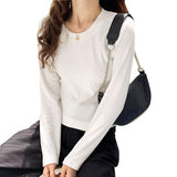 And Autumn Simple Slim Bottomed Shirt Women 2023 Autumn And Winter New Style White Shirt With Round Collar And Long Sleeves T-Shirt-Outfit