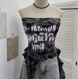Shooting Hottie Camouflage Letter Print Chest Vest With Chest Pad Irregular Ribbon Short Top