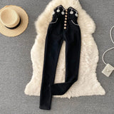 Winter Thick Warm Trousers For Women Fashion High Waist Skinny Pants Spring Design Chic Beading Streetwear Long