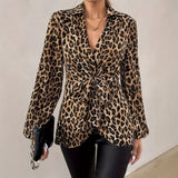 Top 2025 Spring New Leopard Print Tie With V-Neck Temperament Long-Sleeved