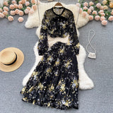 Women Summer Print Temperament Set 2022 Summer Long Sleeves Bow Single Breasted Tops Ladies Long Skirt Two Piece