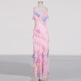 Seaside Holiday Wind V-Neck Suspension Dress 2025 New High-End Printed Lotus Leaf Side Design Long