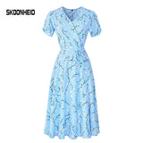 New Summer Print Floral Dress Women V Neck Short Sleeves Chiffon Bohemian Dresses Beach Midi Female Wrap Long