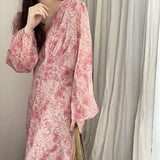 V-neck Elegant Print Chiffon Dress Women Female Puff Sleeve Korean Floral Party Dress Lady Fashion Vestidos Spring
