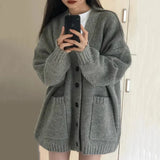 And Winter New Style College Style Korean Version Loose Lazy V-Collar Pocket Solid Color Knitted Cardigan Sweater Women's Spot-Outfit