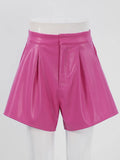 Elegant Beige Faux Leather Shorts Women Wide Leg Short Pants Elegant Flared Shorts High Waist Female PU Shorts