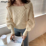 Women Fashion Slim Square Collar Long Sleeve Knitting Solid Simple Soft Cozy Tender Design Ulzzang Feminine
