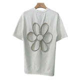 Loose T Shirt For Women Round Neck Short Sleeve Cut Out Patchwork Diamond T Shirts Female Fashion Clothes Style