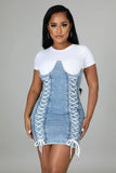 White and Blue Patch Lace-Up Denim Jeans Bodycon
