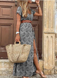 Boho Long Dress for Women V Neck Short Sleeve Paisley Print Belt Large Hem Beach Long Dress Elegant Women's Dress