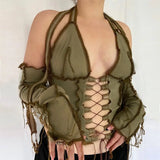 8 Colors Sexy Hollow Out Women Long Sleeve Crop Tops Striped Patchwork Drawstring Ribbed Bandage Fitness