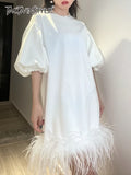 Casual Loose Dress For Women Round Neck Long Sleeve Patchwork Feathers Hem Mini Dresses Female Clothing Style