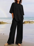 Celmia Fashion Women 2pcs Sets 2022 Summer Casual Loose Holiday Pocket Belted Set Half Sleeve O-neck Top and Wide Leg Pant