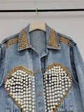 Women's Denim Coat Heart Beading Pearls Gold Rivets Loose Light Blue Long Sleeve Jackets 2024 Summer New Fashion 29L2503-Outfit