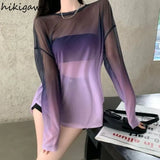 T Shirt Women Sexy Hollow Out Thin Gradient Oversized Tops Fashion See Throught Summer Tshirts Backless Y2k