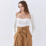 Black Slim Sweater For Women Square Collar Long Sleeve Side Split Knitted Pullover Female 2022 New
