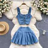 Port Style Retro Hottie Set Short Sling Vest With Mini Half-Dress Denim Two-Piece