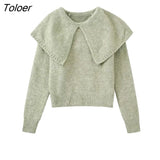 Women Fashion Big Turn Down Collar Design Solid Casual Knitted Sweater Female Chic Autumn Basic Leisure Coat Tops