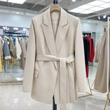 VAREY LIN New Spring Women Turn-down Collar Sash Tie Up Blazer Elegant Office Lady Beige Black Long Sleeve Blazer with