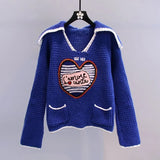 Navy Collar Korean Fashion Cute Knitted Tops Autumn Winter New Pocket Pull Femme Love Sweater Female Sueters De