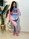 Summer Sexy Print 2 Two Piece Sets For Women 2023 Long Sleeve Mesh Tops And High Waist Long Pants Party Club Women
