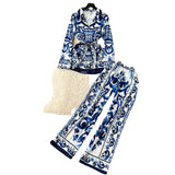 Fashion Positioning Print Strapping Belt Collar Long Sleeve Top Female High-Waist Broad Leg Straight Trousers