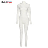 Women Sexy Hollow Out Club Activewear Jumpsuit Long Sleeve Zipper Stretchy Workout Bodycon Party Streetwear Slim