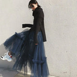 Casual Long Mesh Skirts Women Elastic High Waist Ruffled Tiered Tulle Pleated Maxi Skirts Faldas Mujer Moda Fairy
