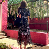 Arrive 2022 High quality Summer Design Black Mesh Embroidered Midi Dress O-Neck Short Sleeve Vintage