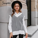 Houndstooth knitted sweater vest women V neck sleeveless oversized pullover vintage Fall winter female waistcoat