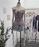Real Shot One-×Ö Collared Shoulder Long-Sleeved Mesh Printing Top Irregularly Folded Lotus Leaves With Short T-Shirt